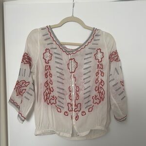 Free People Embellished White and Cream 3/4 Sleeve Blouse
